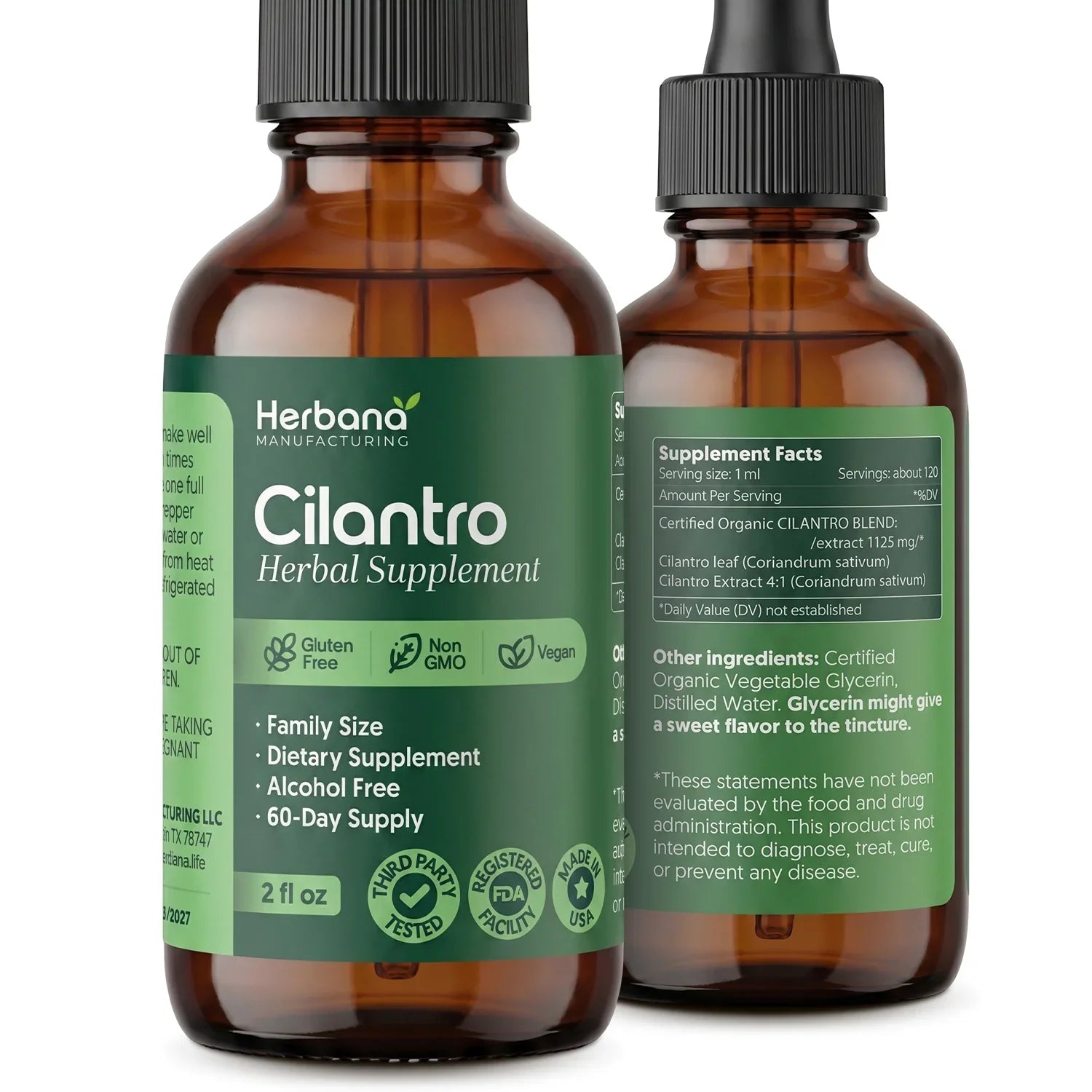Fresh cilantro leaves beside supplement capsules representing cilantro leaf extract benefits