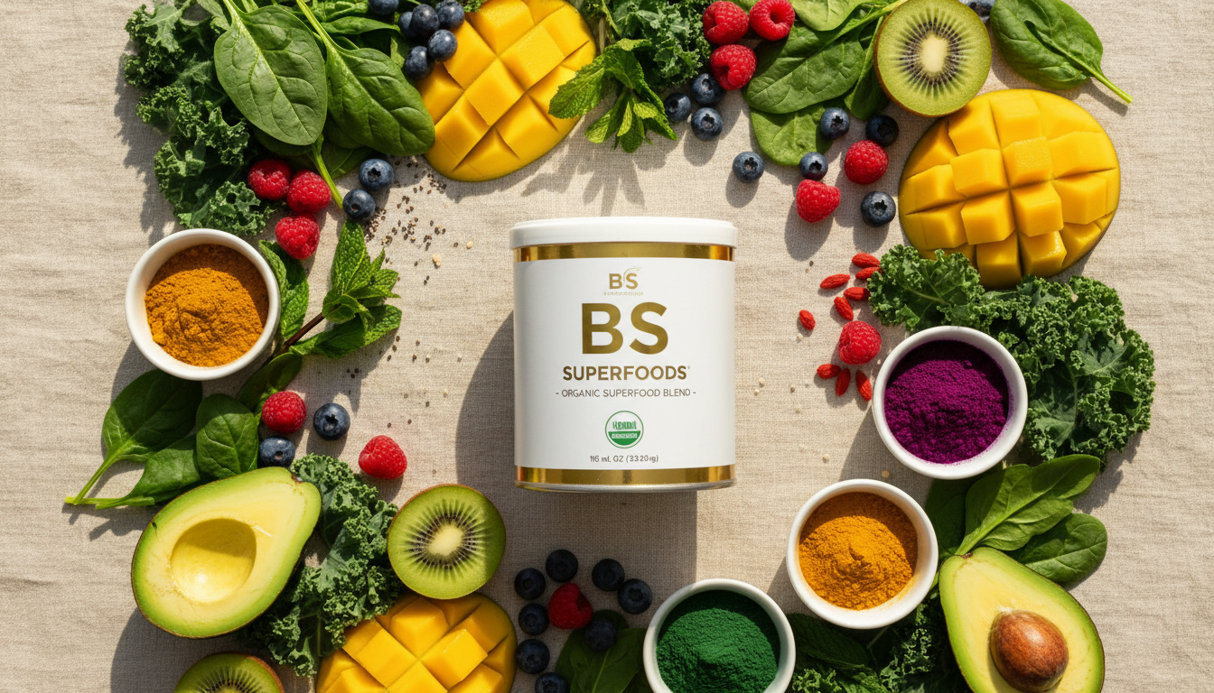 BS Superfoods product that enhances daily wellness surrounded by fresh superfoods and greens