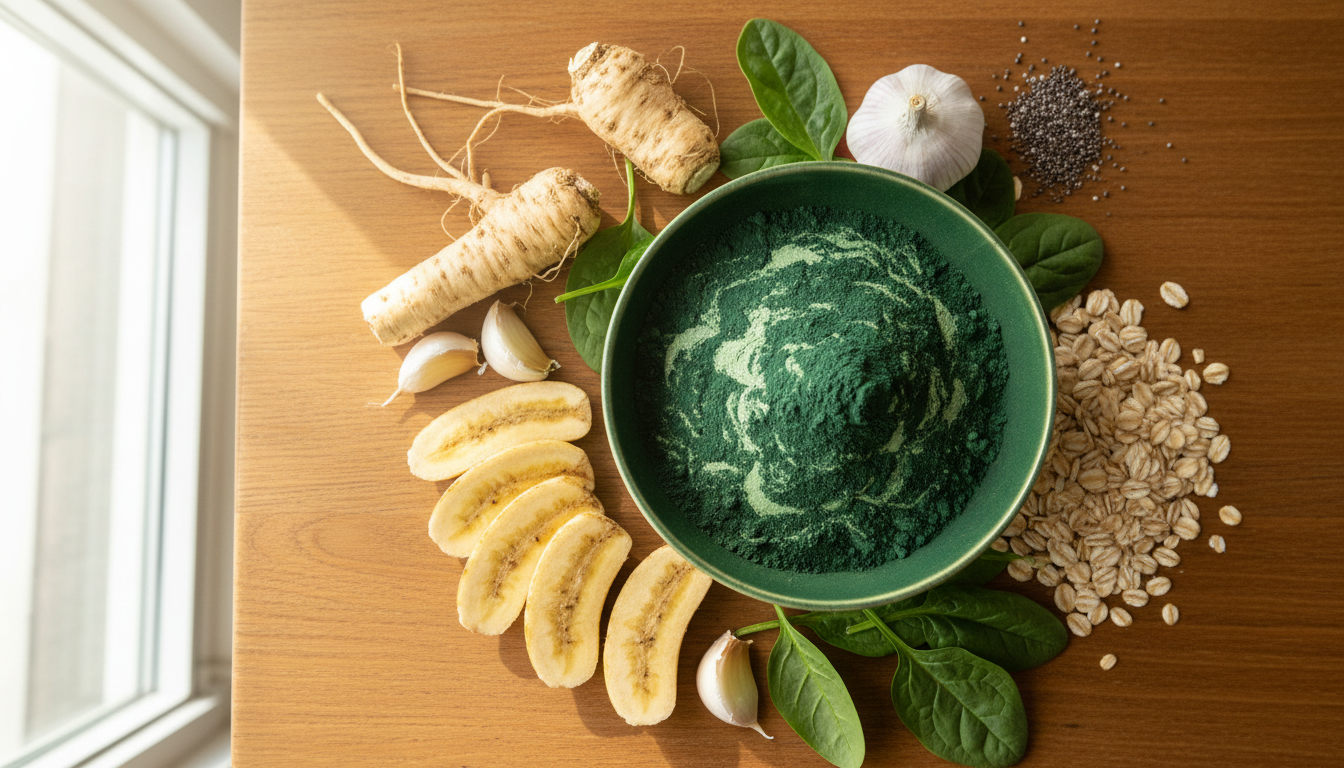 Vibrant prebiotic fiber superfood powder in a bowl surrounded by whole food ingredients
