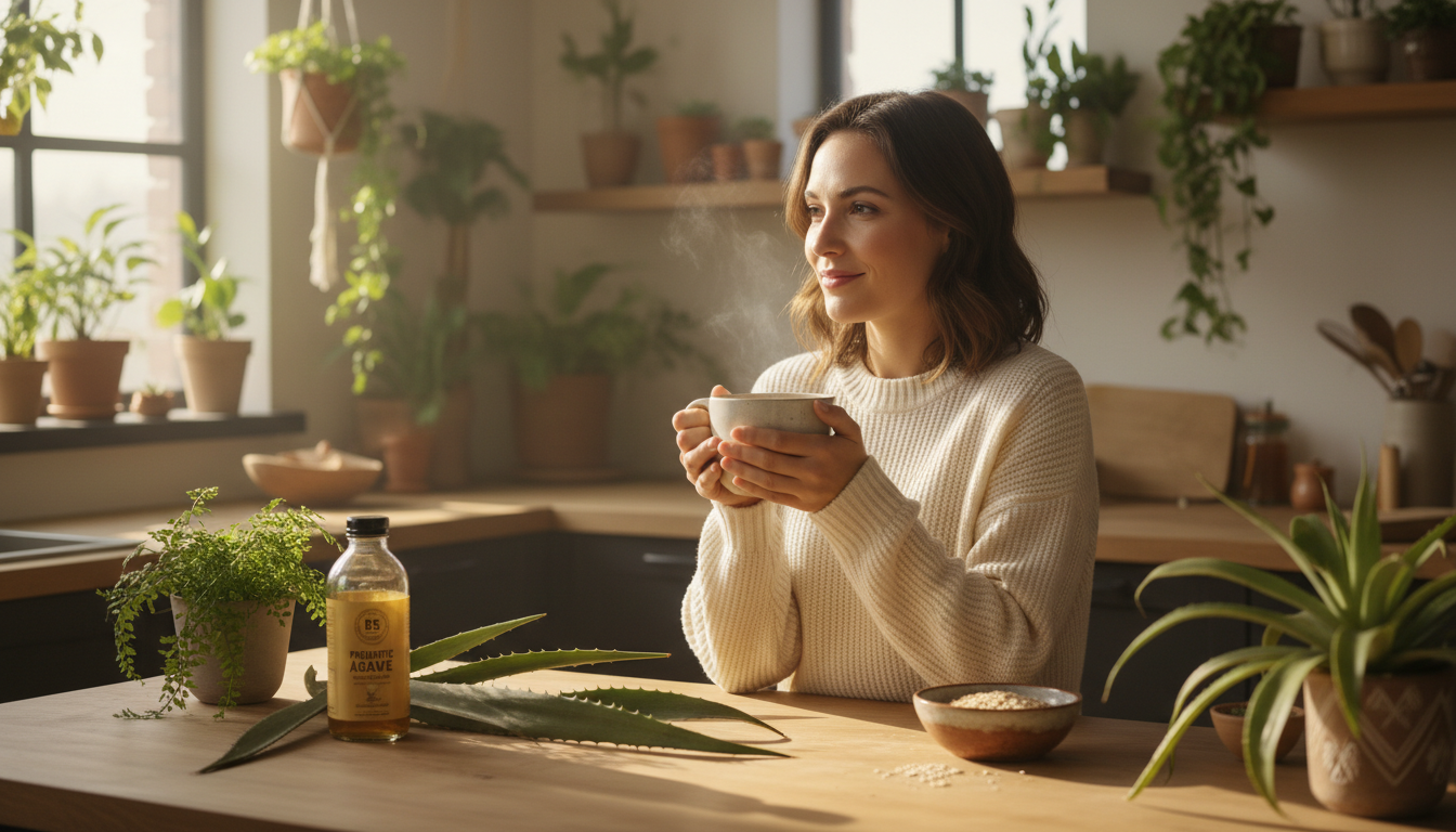 Woman holding mug in kitchen next to organic prebiotic fiber agave blend bottle
