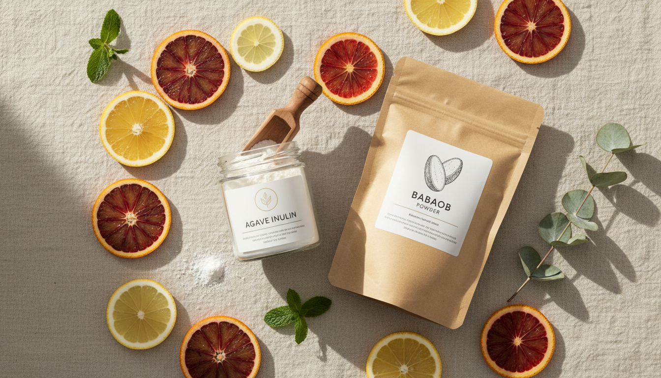 Agave inulin and baobab powder displayed alongside fresh citrus on linen surface
